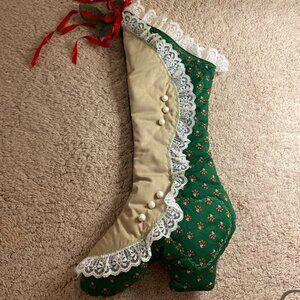 Vintage Victorian High Heel Shoe Boot Christmas Stocking Hand Made Green 17.5”